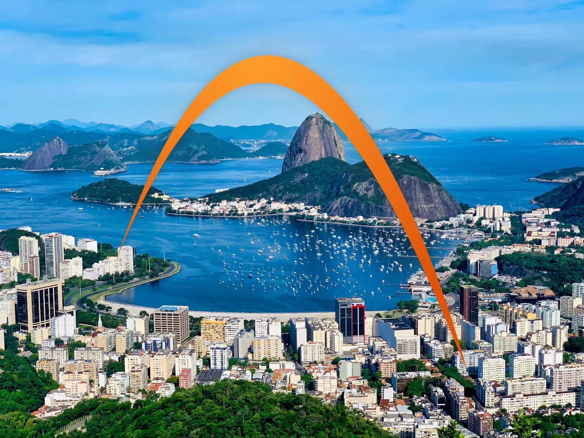 Botafogo bay and Sugarloaf Mountain in Rio de Janeiro with the orange Gen Brasil arch